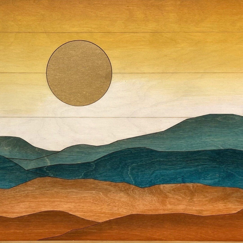 Long Sunset Mountain Landscape Wood Wall Art | Landscape Wooden Wall Hanging | Hand Painted Watercolor Home Decor for Over the Bed - Vintage Adventures