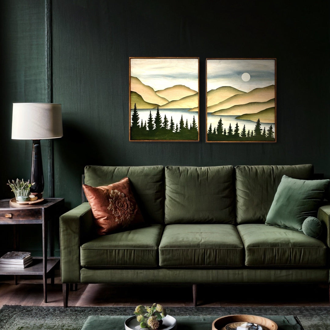 Mountain Lake Organic Modern Wood Wall Art | 3D Wooden Mountain Stream Wall Hanging | 2 piece Gallery Wall Art Decor for Living Room - Vintage Adventures