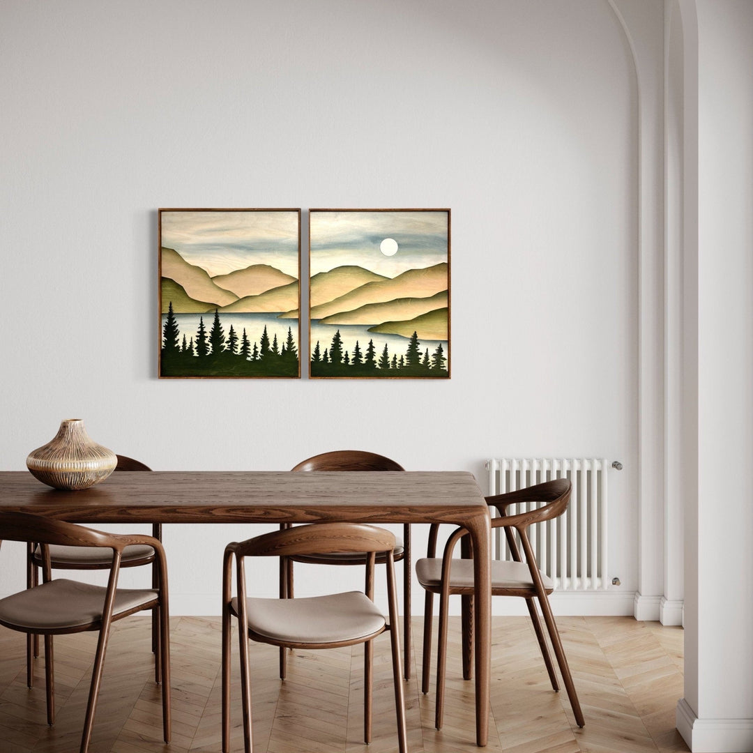 Mountain Lake Organic Modern Wood Wall Art | 3D Wooden Mountain Stream Wall Hanging | 2 piece Gallery Wall Art Decor for Living Room - Vintage Adventures