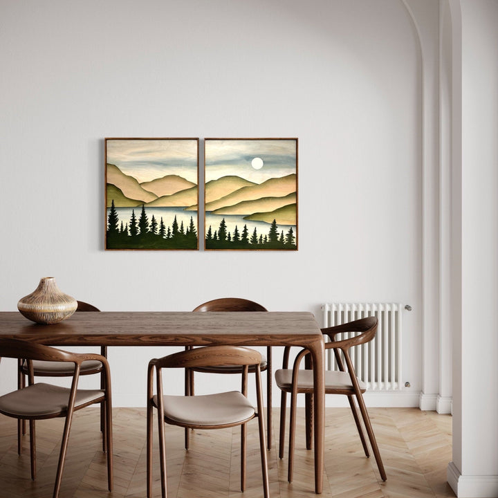 Mountain Lake Organic Modern Wood Wall Art | 3D Wooden Mountain Stream Wall Hanging | 2 piece Gallery Wall Art Decor for Living Room - Vintage Adventures
