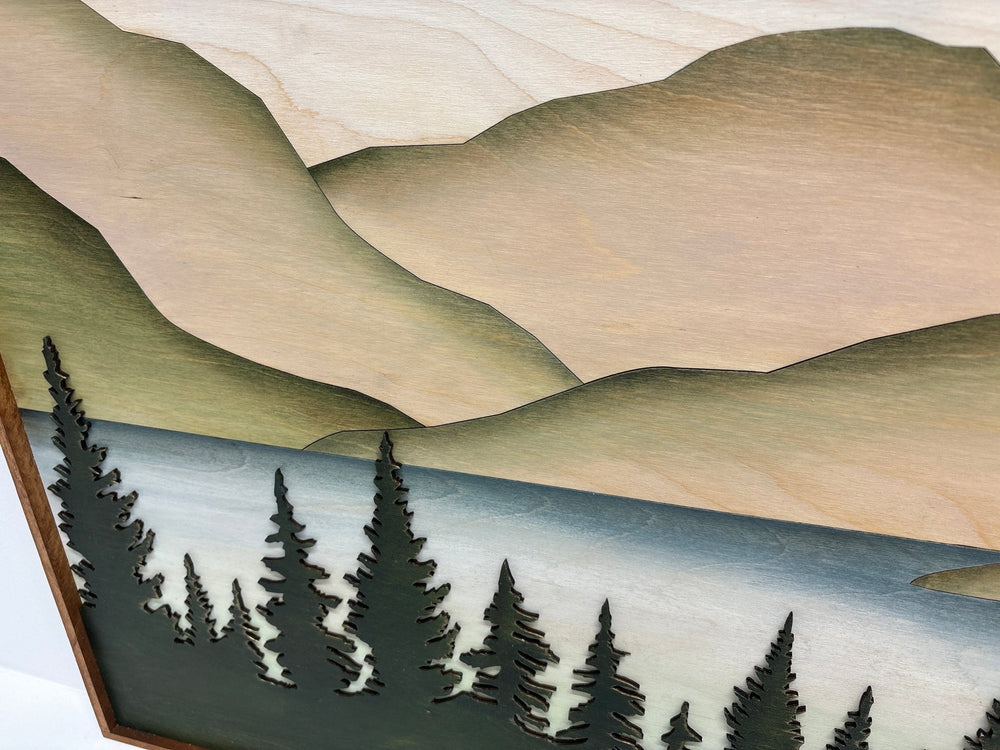 Mountain Lake Organic Modern Wood Wall Art | 3D Wooden Mountain Stream Wall Hanging | 2 piece Gallery Wall Art Decor for Living Room - Vintage Adventures