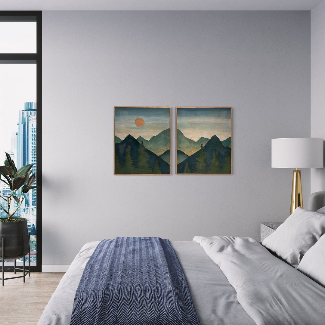 Mountain Sun Landscape Wood Wall Art Set 2-Piece Mountain Wood Wall Art Rustic Home Dcor - Vintage Adventures