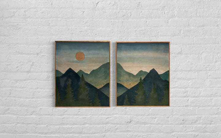 Mountain Sun Landscape Wood Wall Art Set 2-Piece Mountain Wood Wall Art Rustic Home Dcor - Vintage Adventures
