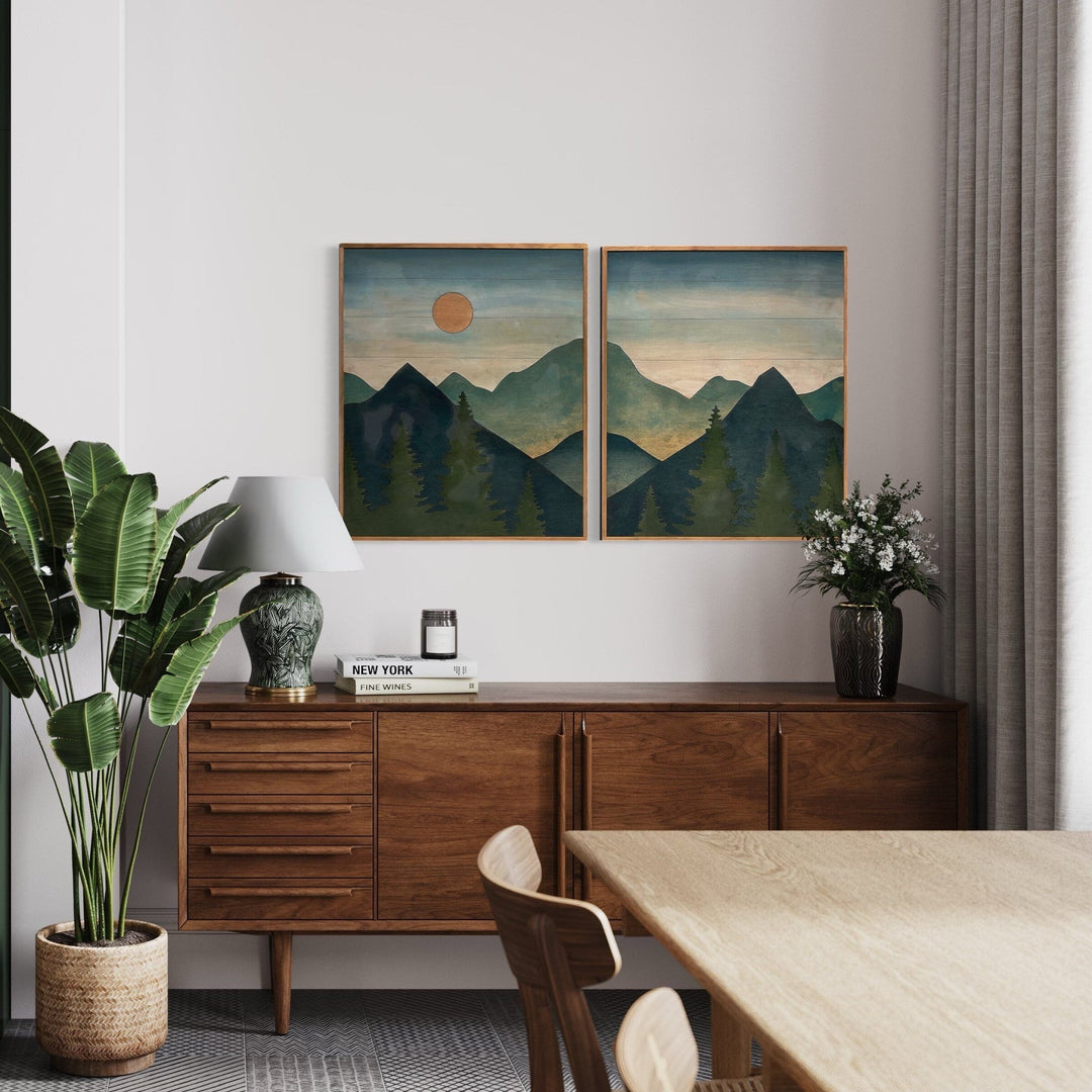 Mountain Sun Landscape Wood Wall Art Set 2-Piece Mountain Wood Wall Art Rustic Home Dcor - Vintage Adventures