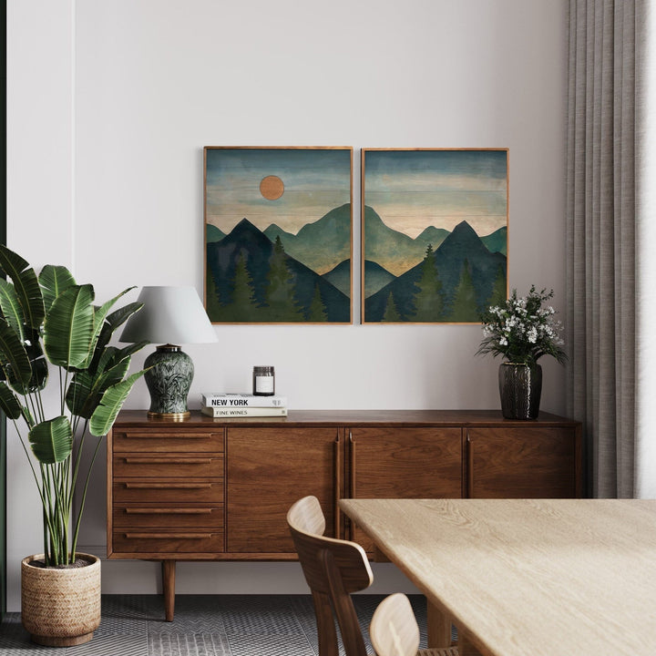 Mountain Sun Landscape Wood Wall Art Set 2-Piece Mountain Wood Wall Art Rustic Home Dcor - Vintage Adventures