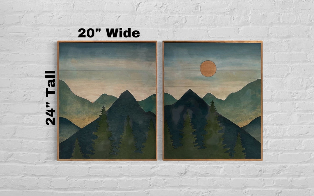 Mountain Sun Landscape Wood Wall Art Set 2-Piece Mountain Wood Wall Art Rustic Home Dcor - Vintage Adventures