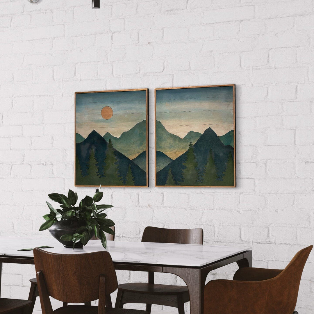 Mountain Sun Landscape Wood Wall Art Set 2-Piece Mountain Wood Wall Art Rustic Home Dcor - Vintage Adventures