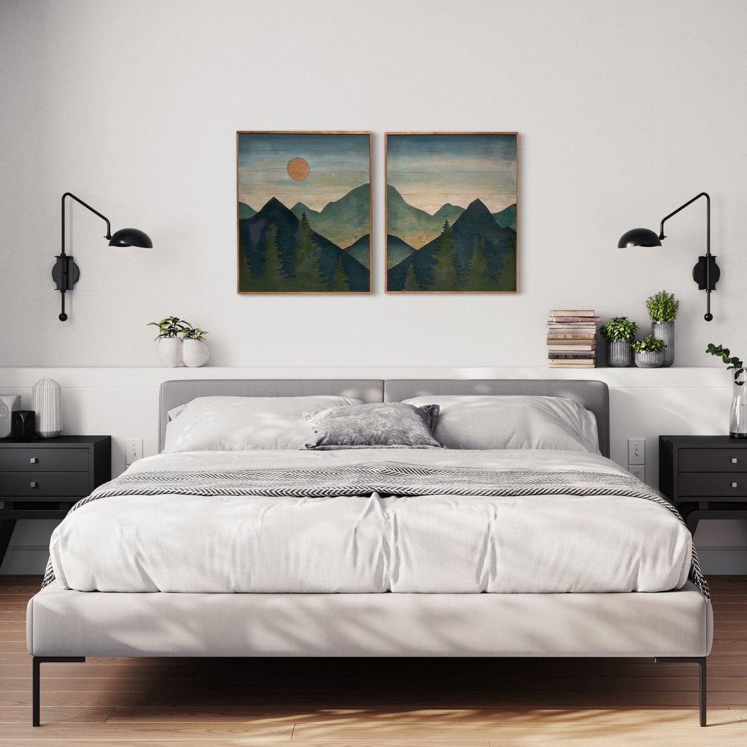 Mountain Sun Landscape Wood Wall Art Set 2-Piece Mountain Wood Wall Art Rustic Home Dcor - Vintage Adventures