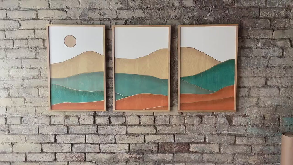 Teal Mountain Wood Wall Art | Engraved Boho Wall Décor | 3-piece Set Wall Hanging | Minimalist Mountain Scene Wall Décor