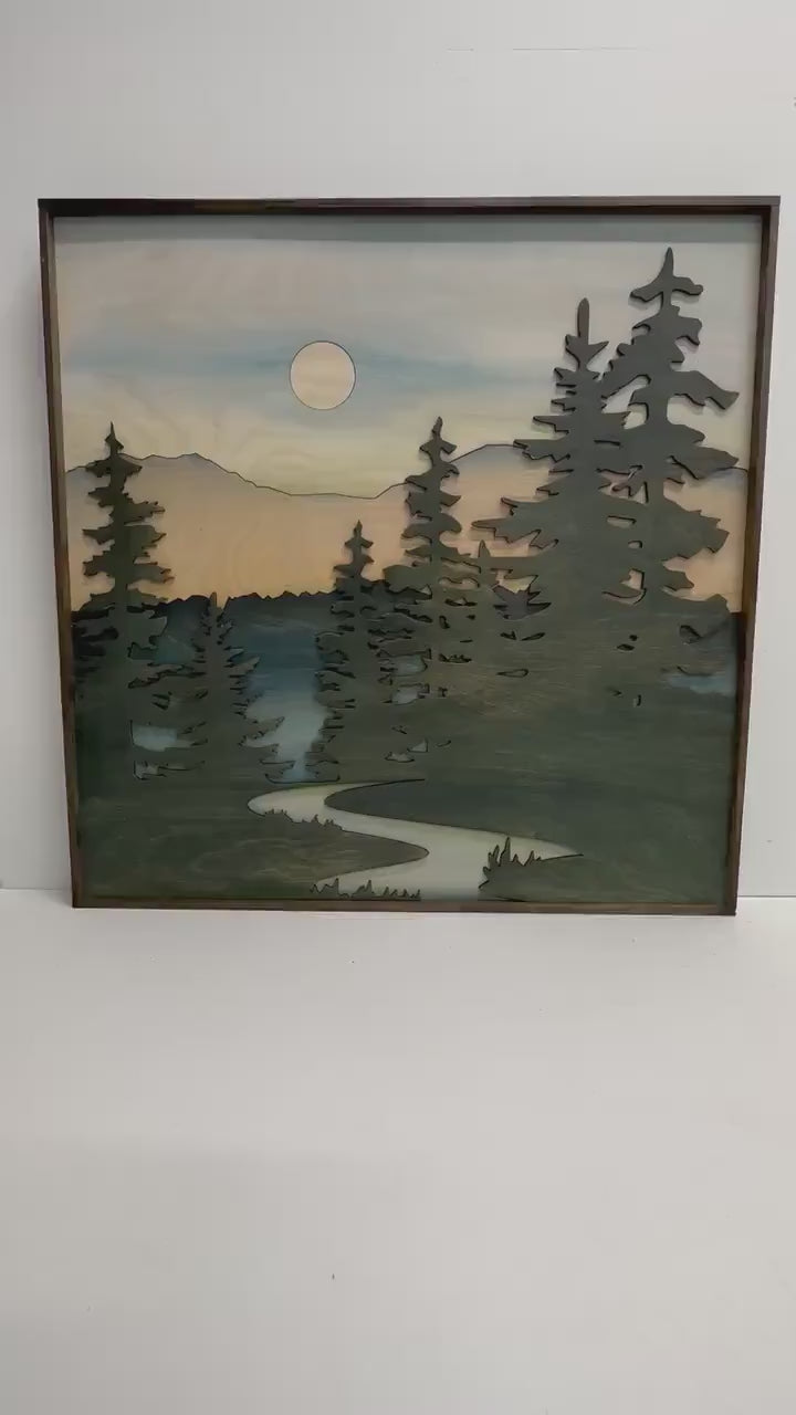 Forest Stream Wood Wall Art | Wilderness Wooden Wall Hanging | 3D Mountain Cabin Gift for Him