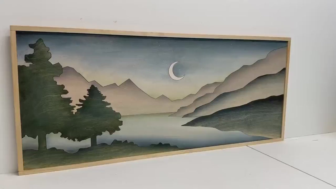 Boho Night Sky Mountain Landscape Wood Wall Art | Laser Cut Handmade Nature Wooden Wall Hanging | Hand Painted Watercolor Home Decor