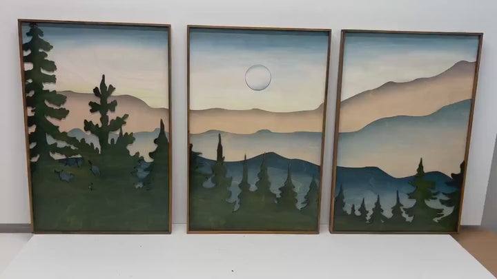 Smokey Mountain Landscape Wood Wall Art  | 3D Framed Forest Wooden Wall Hanging | 3 Piece Nature Landscape Large Wall Art for Living Room