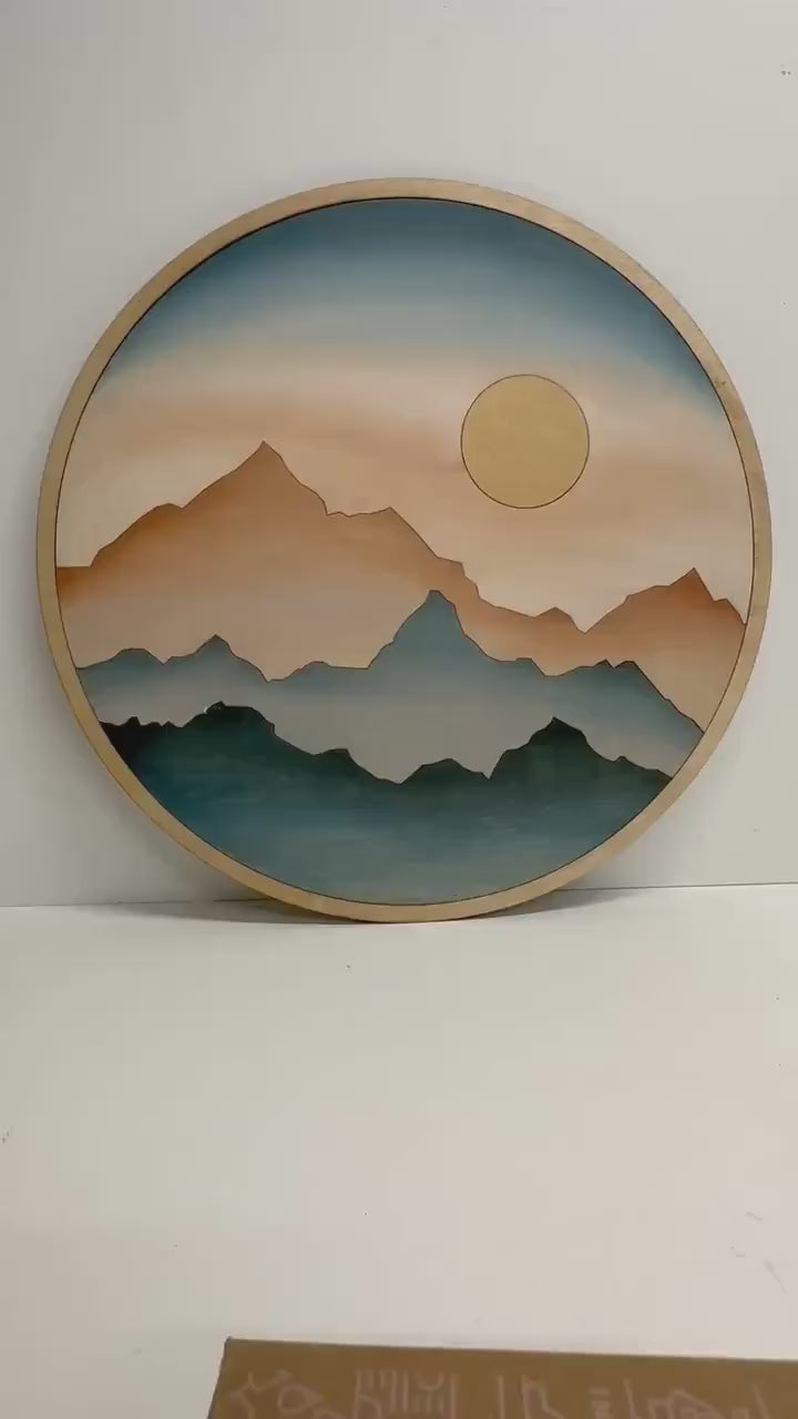 Boho Round Mountain Sun Mountain Wood Wall Art | Circle Sun Wooden Wall Hanging | Nursery Room Decor