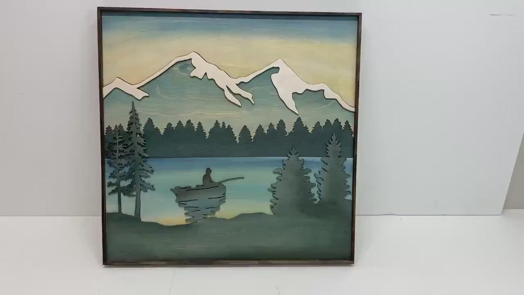 Mountain Fisherman Wood Wall Art | 3D Fishing Wooden Wall Hanging | Gift for Fisherman