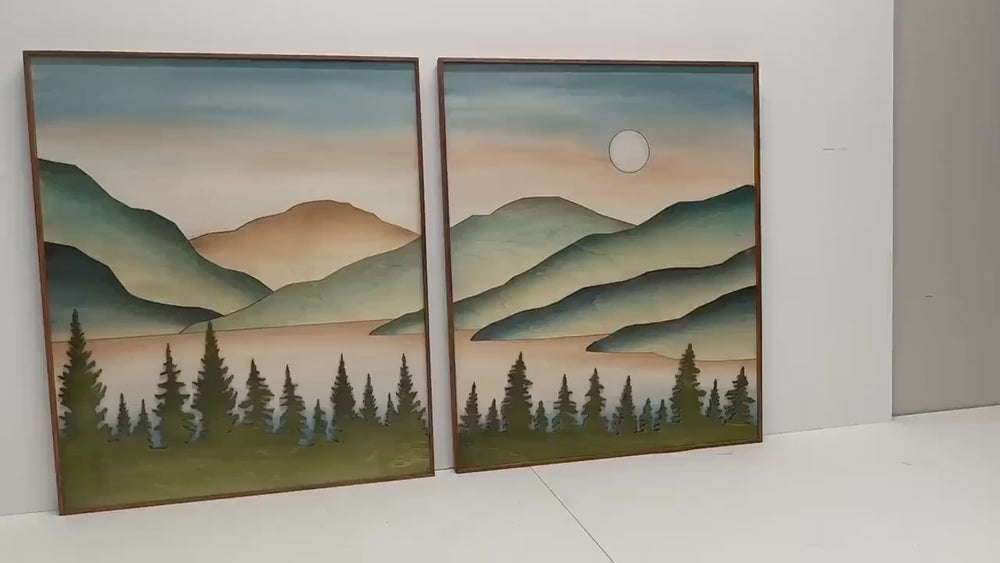 Boho Wood Mountain Lake Watercolor Art | Large 3D Wooden Mountain Stream Wall Hanging | 2 piece Gallery Wall Art Decor for Living Room