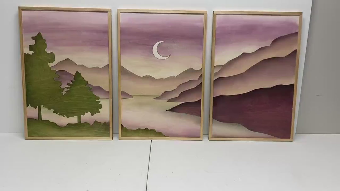 Boho Mountain Wood Wall | Modern Landscape Wall Hanging  | Crescent Moon Mountain Watercolor Wood Wall Art Gallery