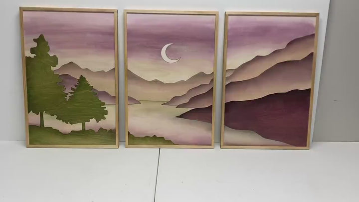 Boho Mountain Wood Wall | Modern Landscape Wall Hanging  | Crescent Moon Mountain Watercolor Wood Wall Art Gallery
