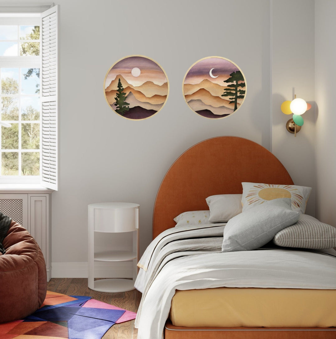 Round Sunset Mountain Wood Wall Art | Circle Night Sky Wooden Wall Hanging | Round Wall Art for Collage Living Room Decor - Vintage Adventures