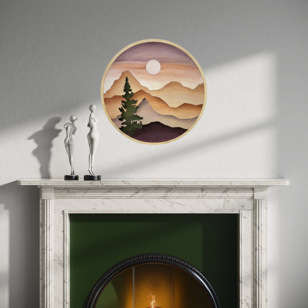 Round Sunset Mountain Wood Wall Art | Circle Trees Wooden Wall Hanging | Round Wall Art for Collage Living Room Decor - Vintage Adventures