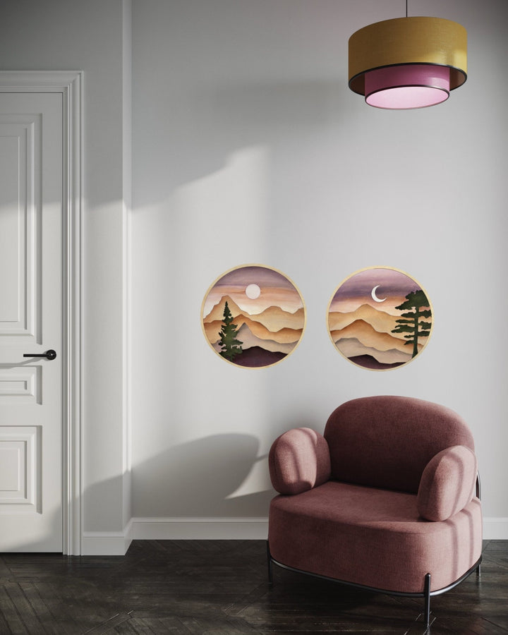 Round Sunset Mountain Wood Wall Art | Circle Trees Wooden Wall Hanging | Round Wall Art for Collage Living Room Decor - Vintage Adventures