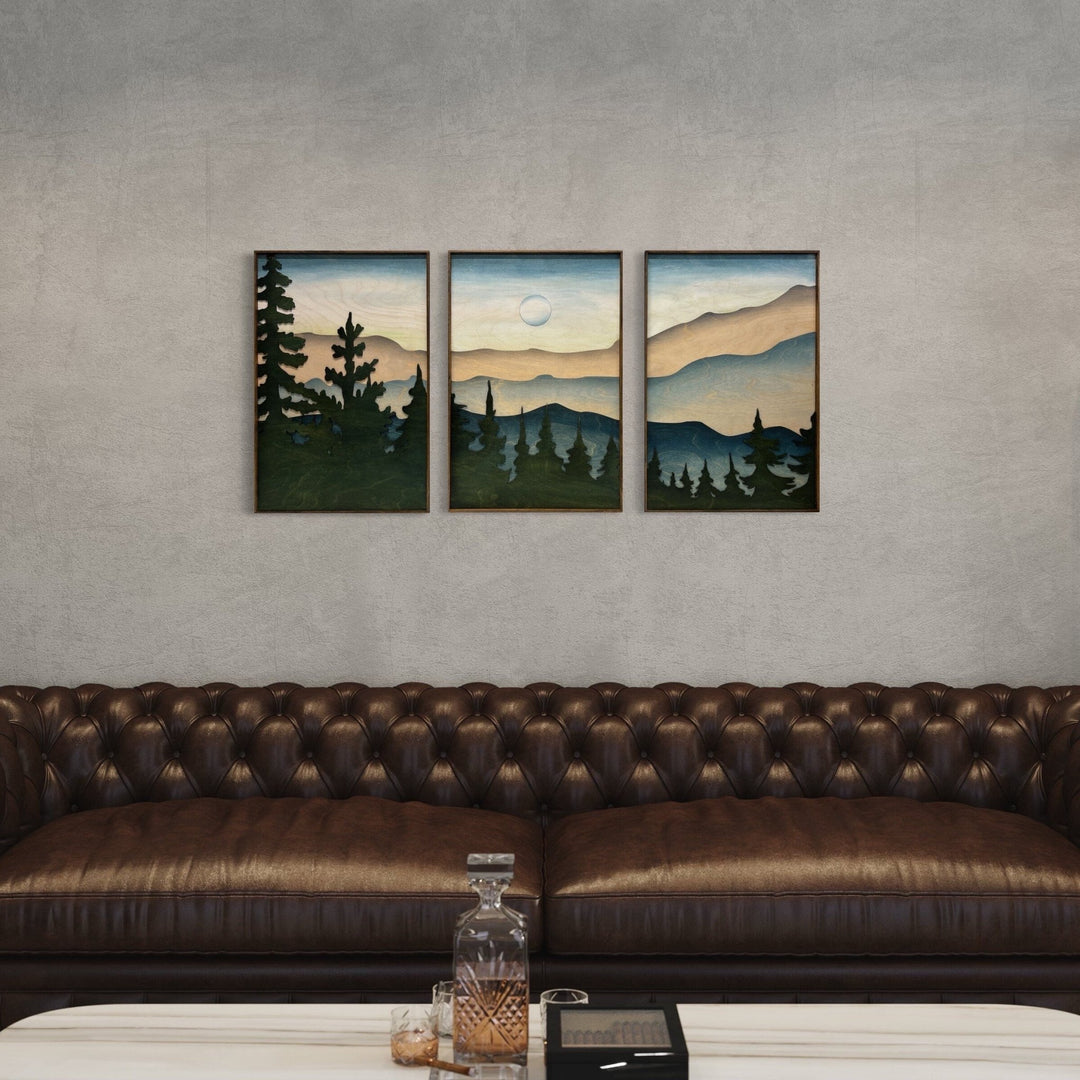 Smokey Mountain Landscape Wood Wall Art | 3D Framed Forest Wooden Wall Hanging | 3 Piece Nature Landscape Large Wall Art for Living Room - Vintage Adventures