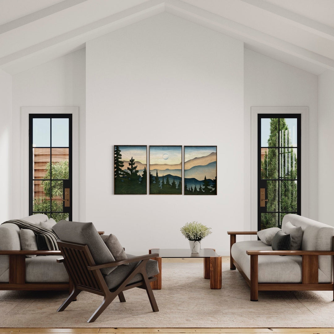 Smokey Mountain Landscape Wood Wall Art | 3D Framed Forest Wooden Wall Hanging | 3 Piece Nature Landscape Large Wall Art for Living Room - Vintage Adventures