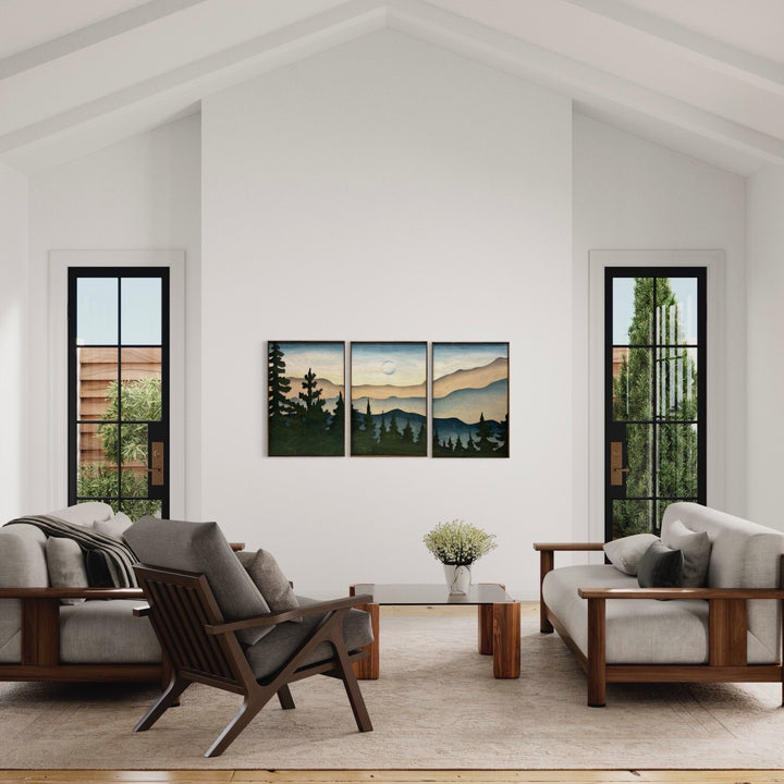 Smokey Mountain Landscape Wood Wall Art | 3D Framed Forest Wooden Wall Hanging | 3 Piece Nature Landscape Large Wall Art for Living Room - Vintage Adventures