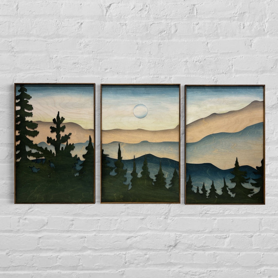 Smokey Mountain Landscape Wood Wall Art | 3D Framed Forest Wooden Wall Hanging | 3 Piece Nature Landscape Large Wall Art for Living Room - Vintage Adventures