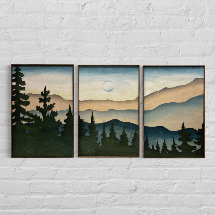 Smokey Mountain Landscape Wood Wall Art | 3D Framed Forest Wooden Wall Hanging | 3 Piece Nature Landscape Large Wall Art for Living Room - Vintage Adventures