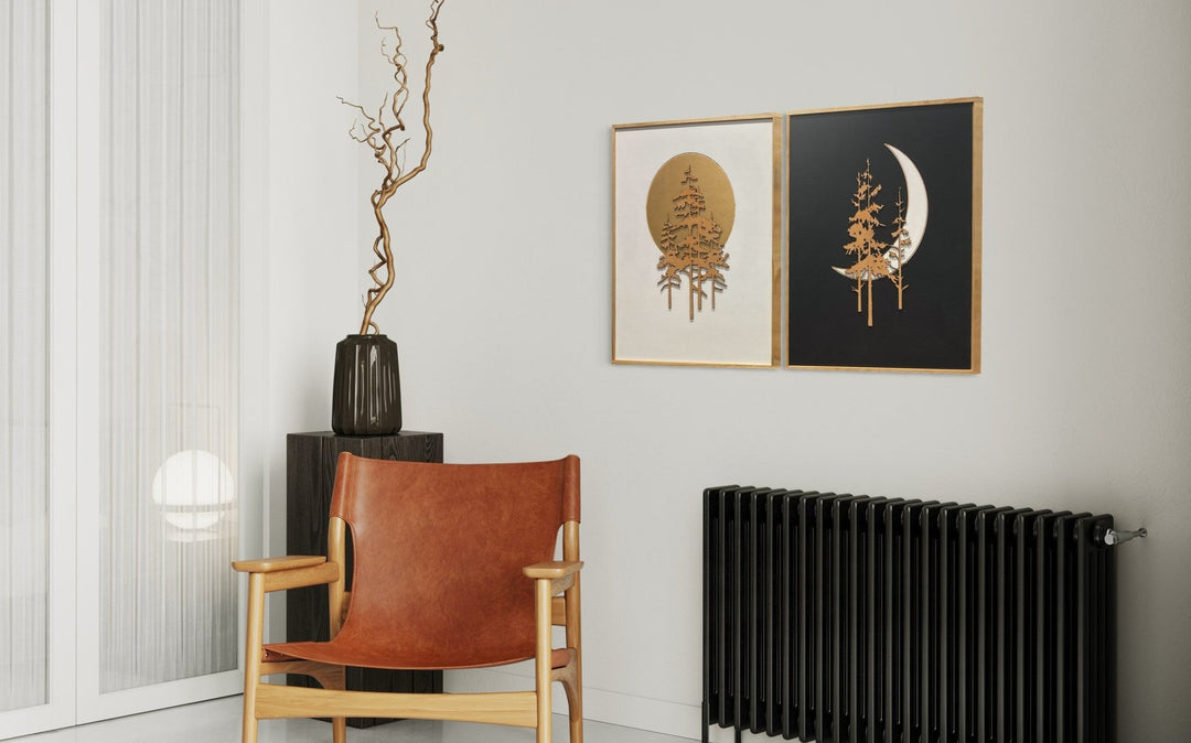 2-Piece Black and White Sun, Moon, and Trees Wood Wall Art Set - Vintage Adventures, LLC