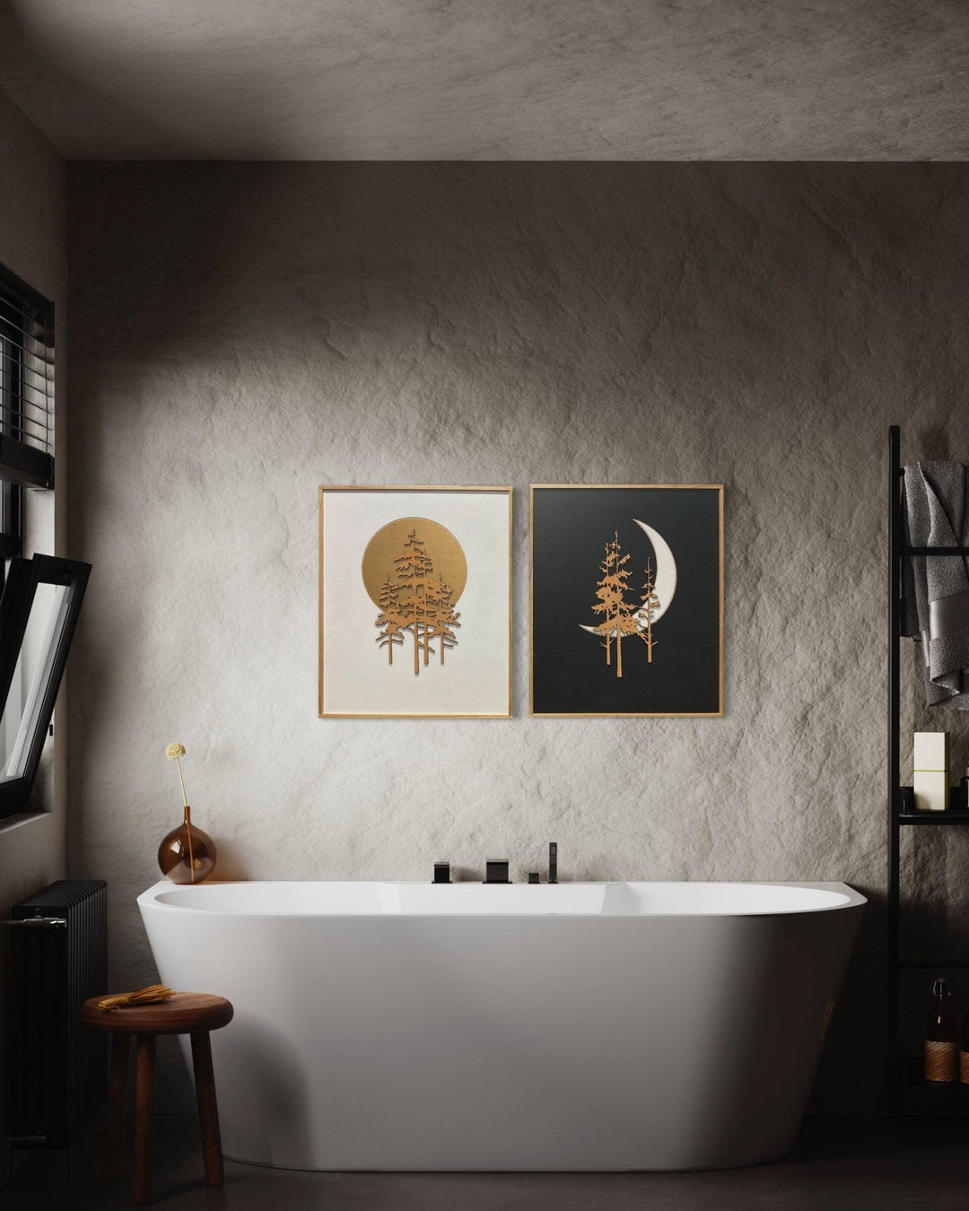 2-Piece Black and White Sun, Moon, and Trees Wood Wall Art Set - Vintage Adventures, LLC