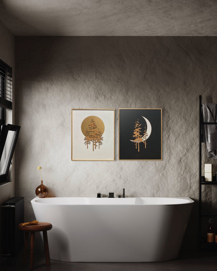 2-Piece Black and White Sun, Moon, and Trees Wood Wall Art Set - Vintage Adventures, LLC