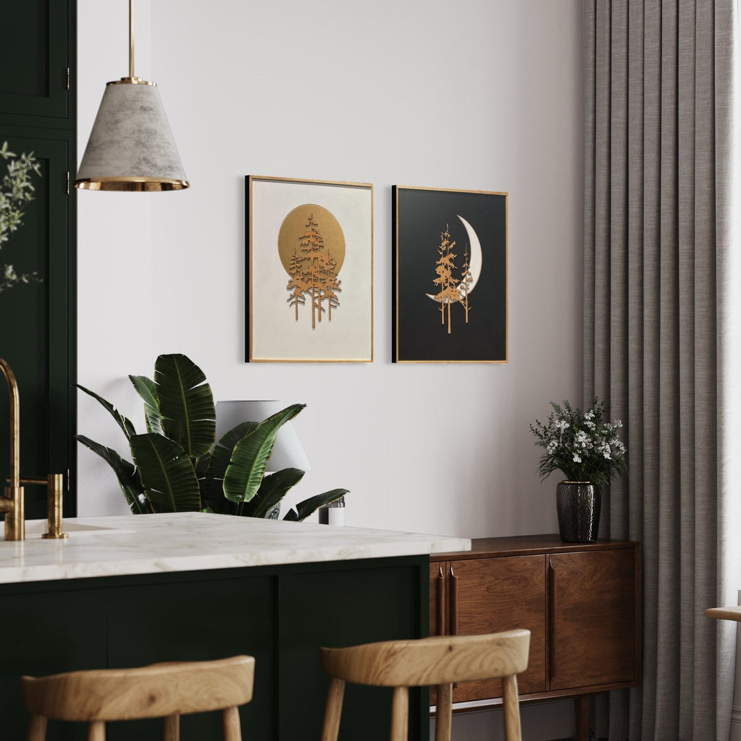 2-Piece Black and White Sun, Moon, and Trees Wood Wall Art Set - Vintage Adventures, LLC