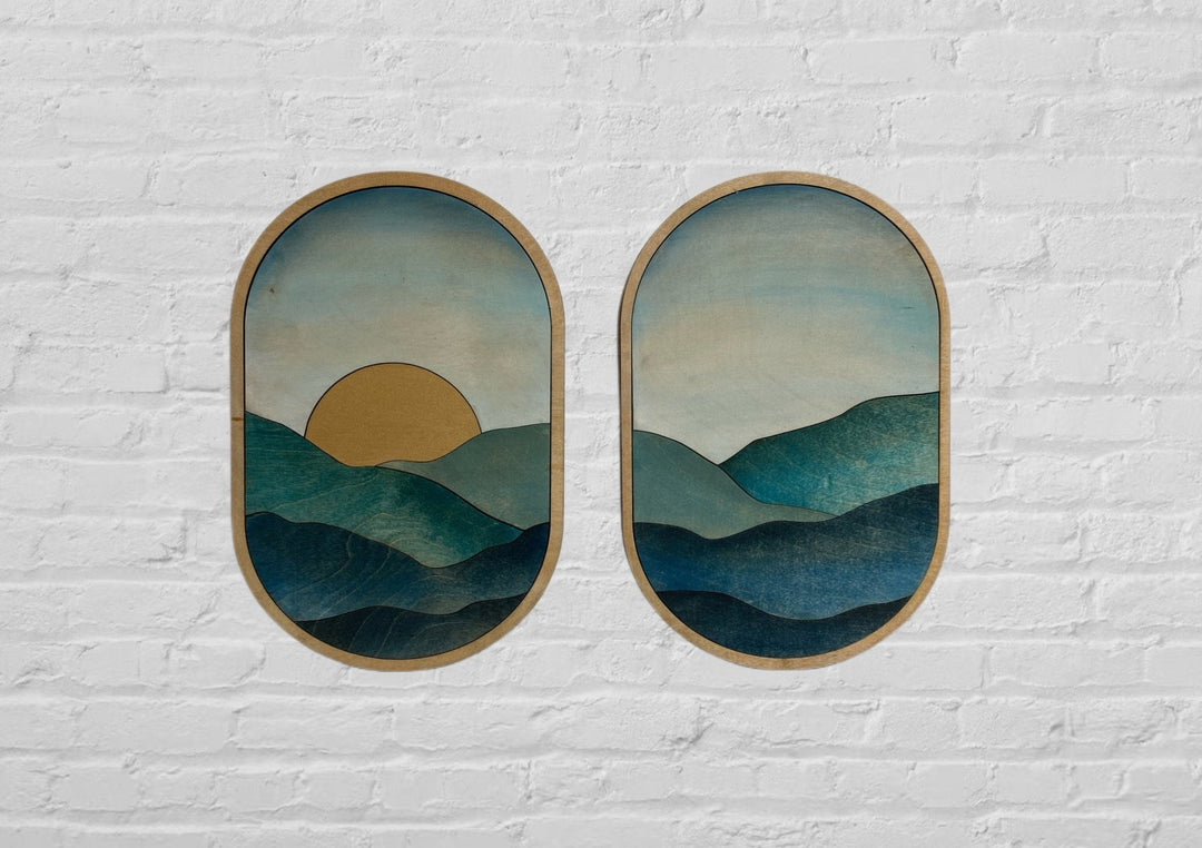 2-Piece Blue and Gold Oval Boho Wood Wall Art Set - Vintage Adventures, LLC