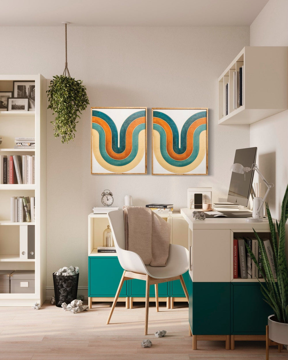 2-Piece Mid Century Modern Orange and Teal Swoosh Wood Wall Art Set - Vintage Adventures, LLC