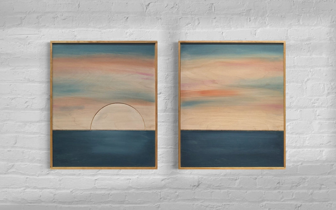 2-Piece Minimalist Hand Painted Pink Ocean Sunset Wood Wall Art Set - Vintage Adventures, LLC