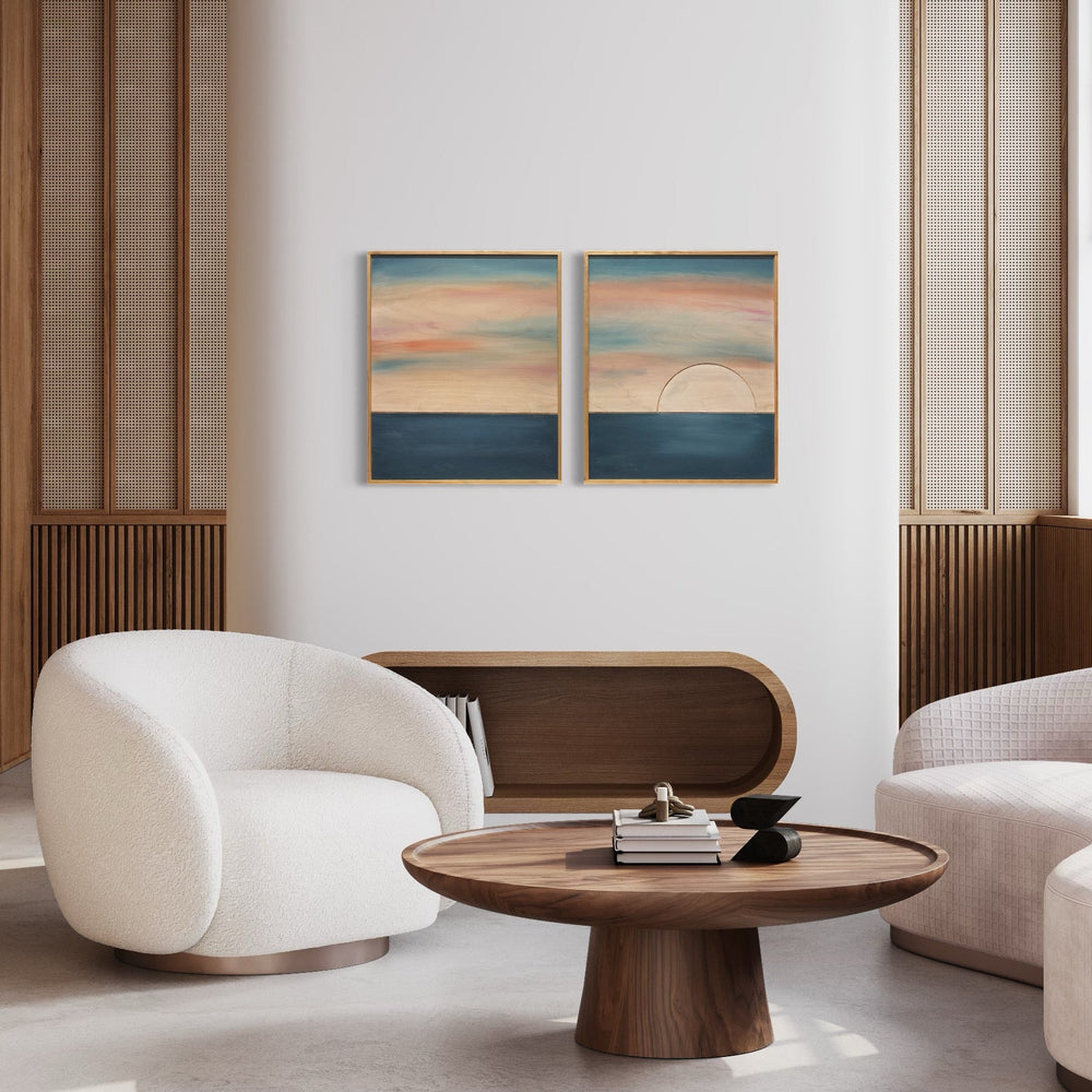 2-Piece Minimalist Hand Painted Pink Ocean Sunset Wood Wall Art Set - Vintage Adventures, LLC