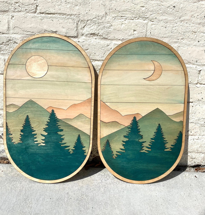 2-Piece Oval Boho Sun and Moon Forest and Mountains Wood Wall Art Set - Vintage Adventures, LLC