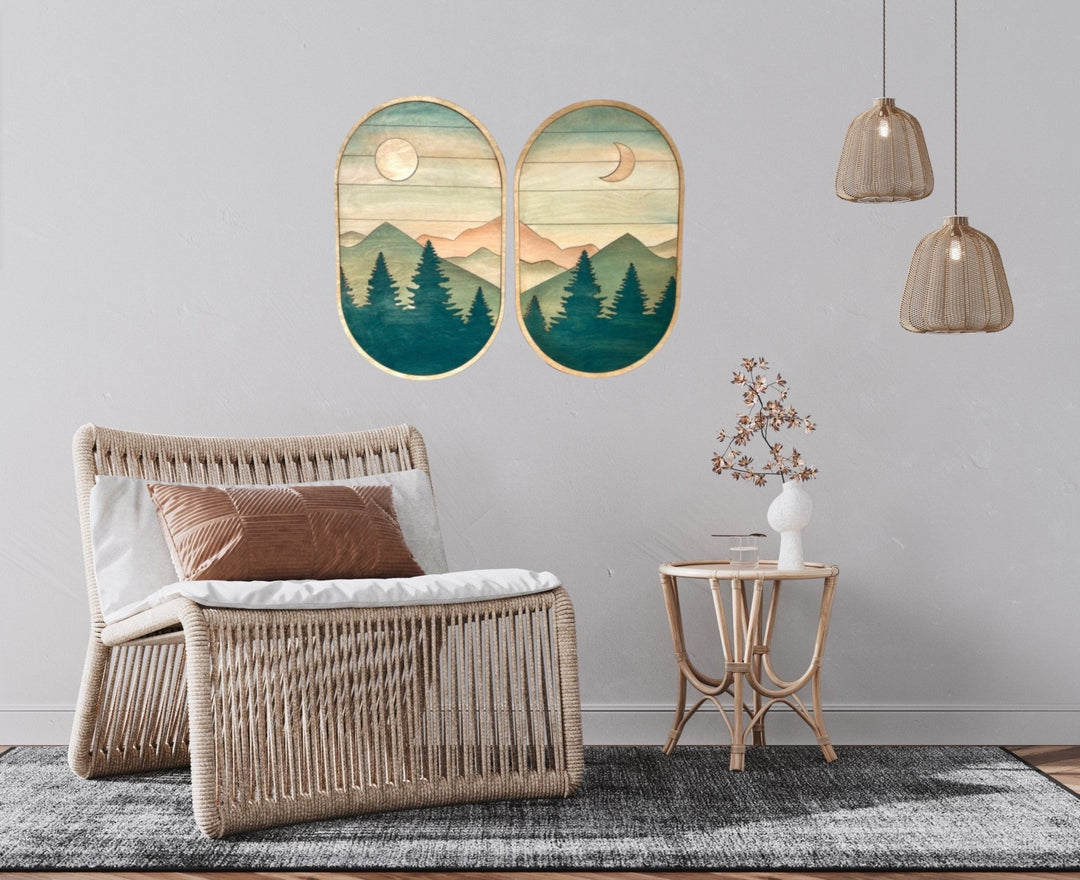 2-Piece Oval Boho Sun and Moon Forest and Mountains Wood Wall Art Set - Vintage Adventures, LLC