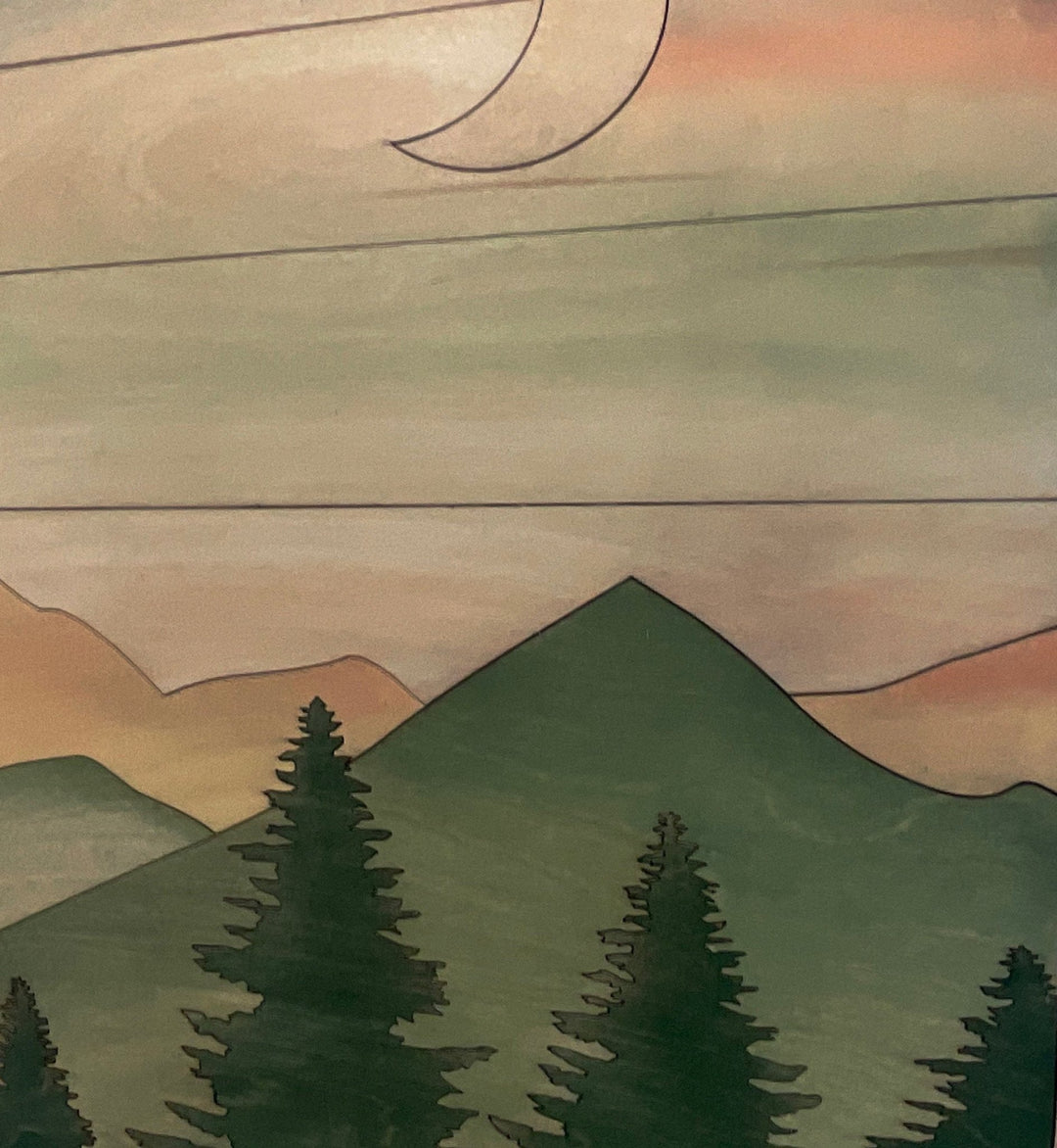 2-Piece Oval Boho Sun and Moon Forest and Mountains Wood Wall Art Set - Vintage Adventures, LLC