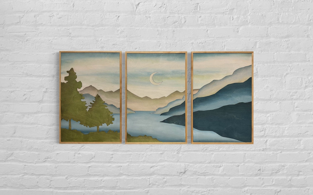 3-Piece Boho Mountain Stream and Trees Wood Wall Art Set - Vintage Adventures, LLC