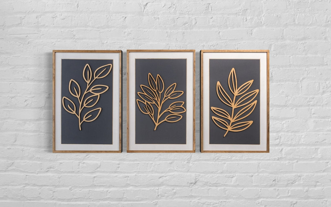 3-Piece Grey Leaf Cutout Wood Wall Art Set - Vintage Adventures, LLC