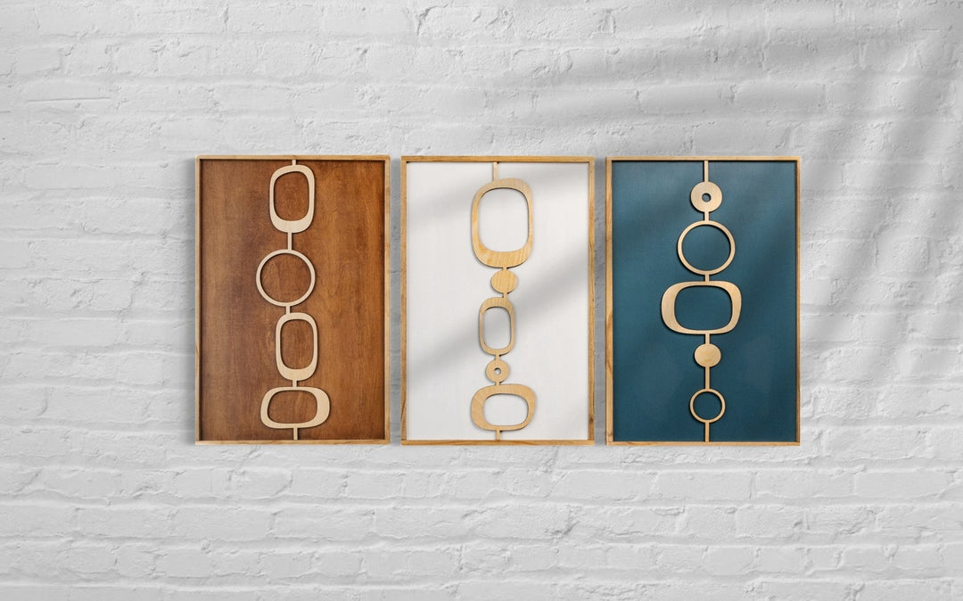 3-Piece Mid Century Modern Blue Grey and Brown Axiom Wood Wall Art - Vintage Adventures, LLC