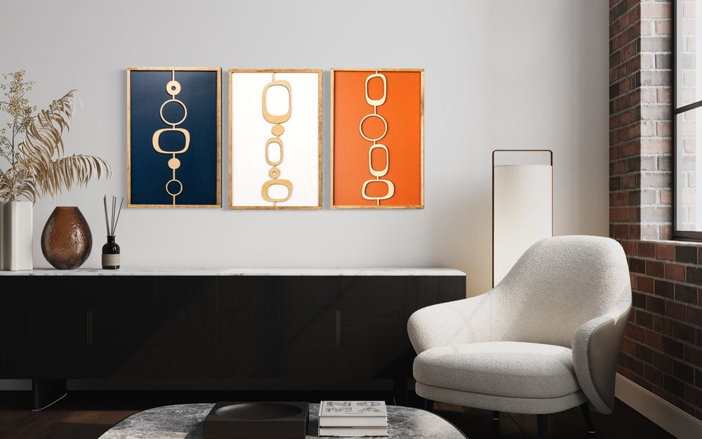3-Piece Mid Century Modern Orange and Dark Blue Axiom Wood Wall Art Set - Vintage Adventures, LLC
