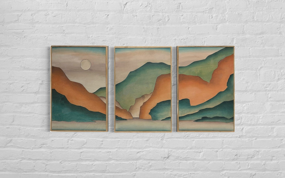 3-Piece Orange and Teal Mountain Cliff Landscape Wood Wall Art Set - Vintage Adventures, LLC