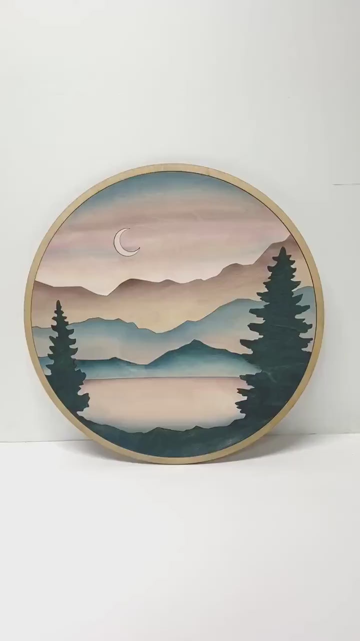 Round Mountain Moon Trees Wood Wall Art | Boho Circle Mountain and Tree Wall Hanging | Laser Cut Wall Art