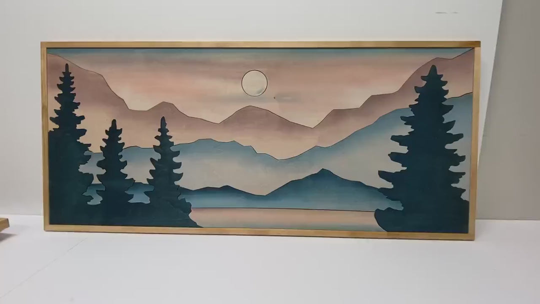 Mountain Landscape Sun Trees Wood Wall Art | Boho Mountain and Tree Wall Hanging | Laser Cut Wall Art