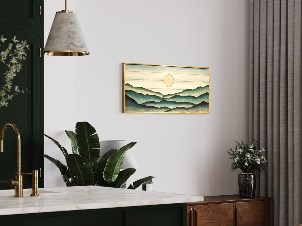 Boho Blue and Green Mountain Landscape Wood Wall Art - Vintage Adventures, LLC