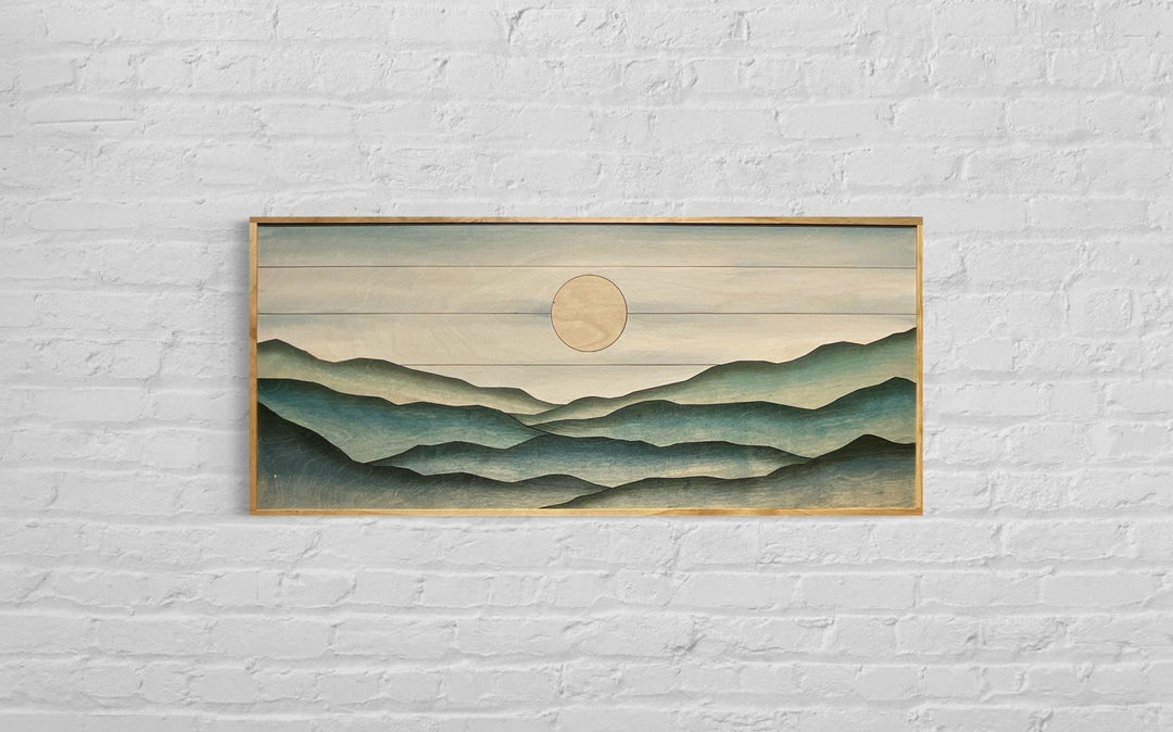 Boho Blue and Green Mountain Landscape Wood Wall Art - Vintage Adventures, LLC