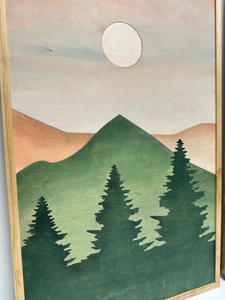 Boho Forest Mountain Wood Wall Art | Modern Teal Boho Wall Hanging | 3-piece Set Minimalistic Mountain landscape Wall Décor - Vintage Adventures